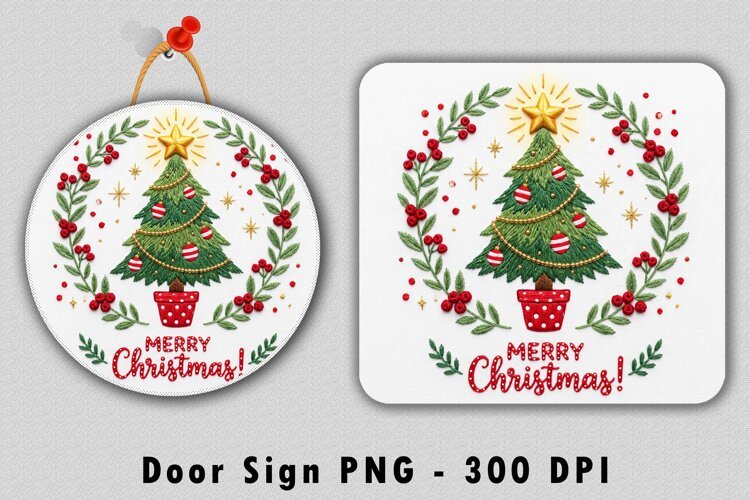 Embroidered Merry Christmas Door Sign Sublimation PNG Design example image 1