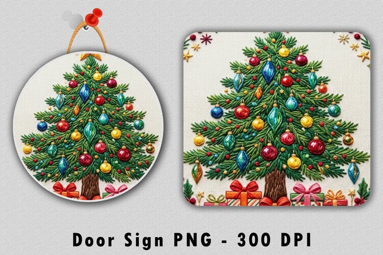 Embroidered Christmas Tree Door Sign Sublimation PNG Design example image 1