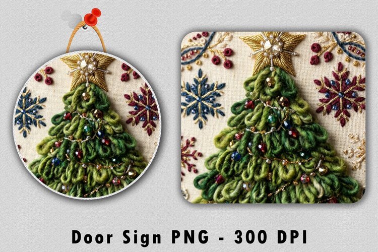 Embroidered Christmas Tree Door Sign PNG Holiday Sublimation example image 1