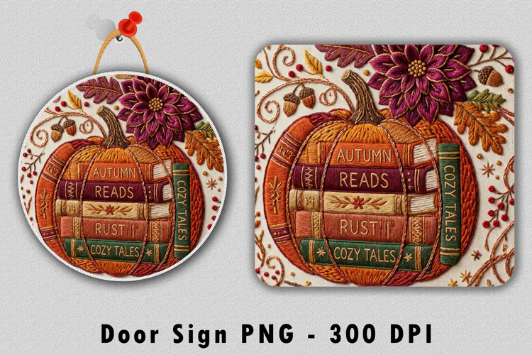 Embroidered Autumn Book Stack Door Sign PNG Sublimation