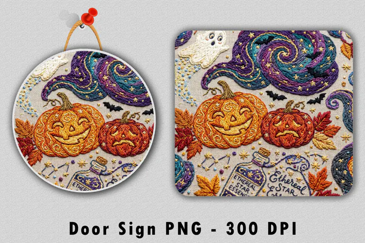 Embroidered Halloween Door Sign PNG Sublimation Design