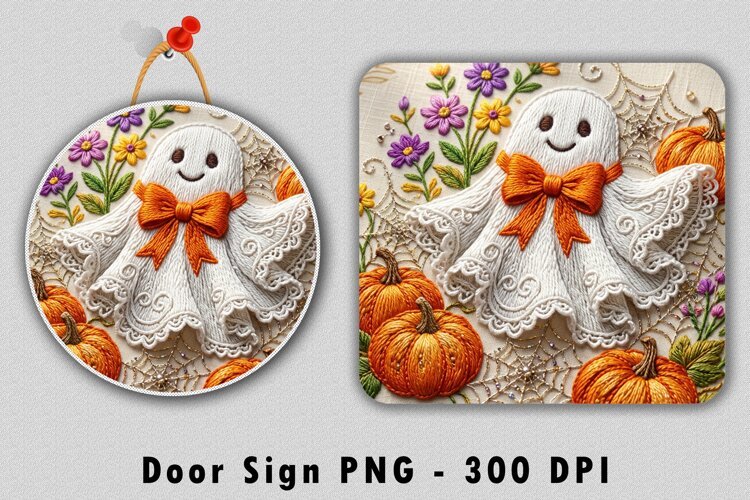 Embroidered Ghost Door Sign PNG Halloween Sublimation Design example image 1