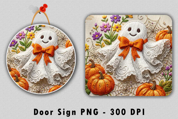 Embroidered Ghost Door Sign PNG Halloween Sublimation Design