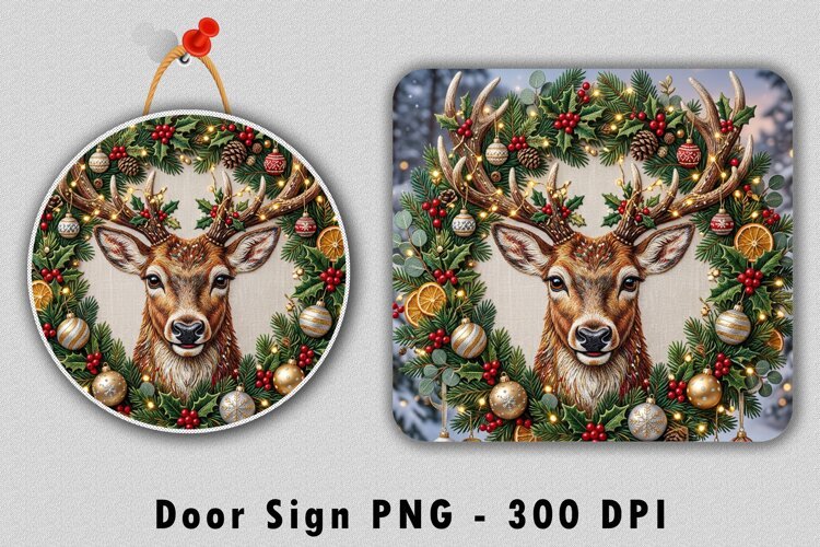 Christmas Reindeer Door Sign PNG Deer Wreath Sublimation example image 1