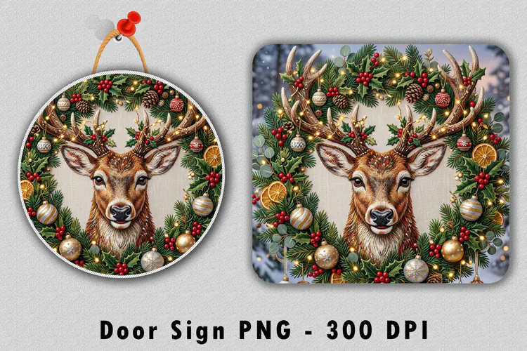 Christmas Reindeer Door Sign PNG Deer Wreath Sublimation