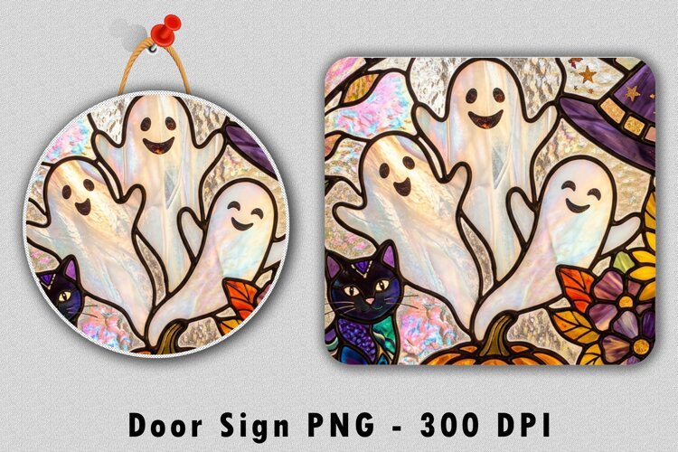 Stained Glass Halloween Door Sign PNG Ghost Sublimation example image 1