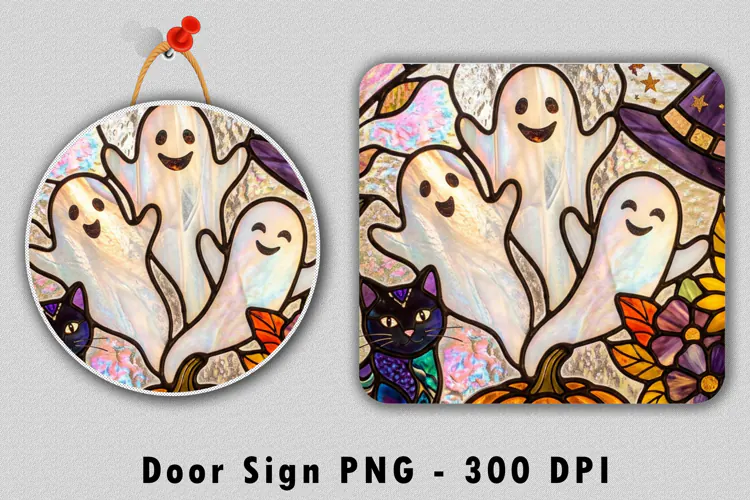 Stained Glass Halloween Door Sign PNG Ghost Sublimation