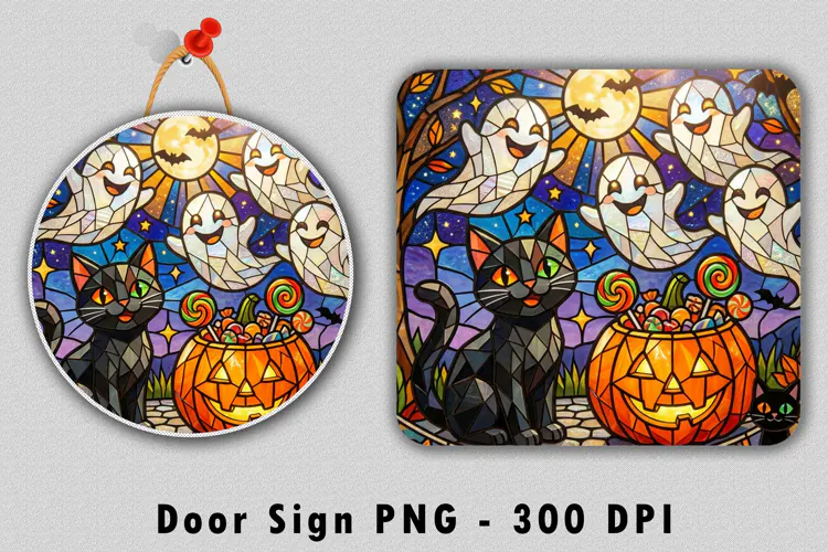Stained Glass Halloween Door Sign PNG Black Cat Sublimation