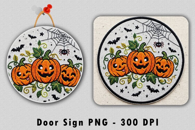 Embroidered Cute Pumpkins Door Sign PNG Sublimation example image 1