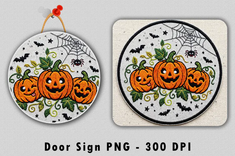 Embroidered Cute Pumpkins Door Sign PNG Sublimation