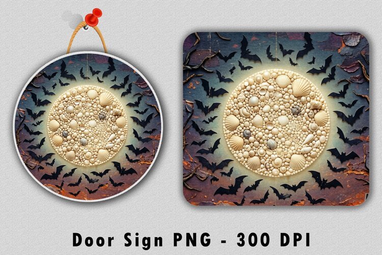 Coastal Bat Door Sign PNG Seashell Moon Halloween Sublimatio example image 1