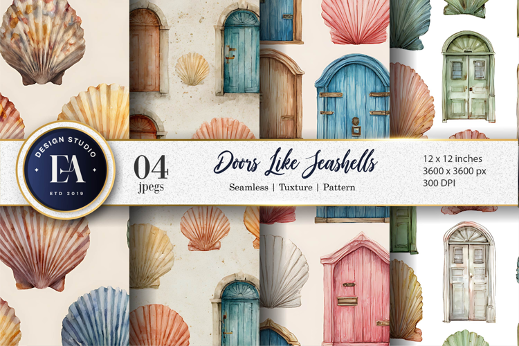 Watercolor Seashell Shaped Doors Pattern Digital Paper