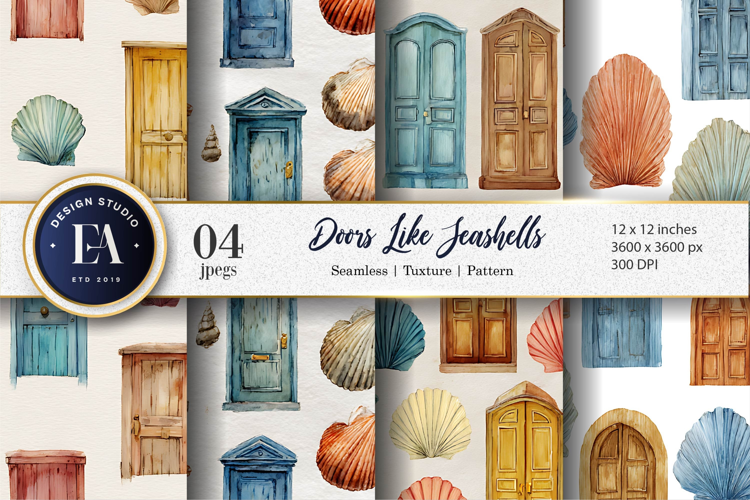 Fantasy Watercolor Doors Designed as Seashells Digital Paper