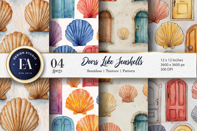 Watercolor Seashell Shaped Doors Pattern Digital Paper