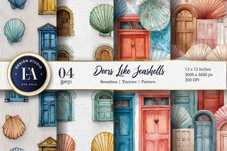 Fantasy Watercolor Doors Designed as Seashells Digital Paper