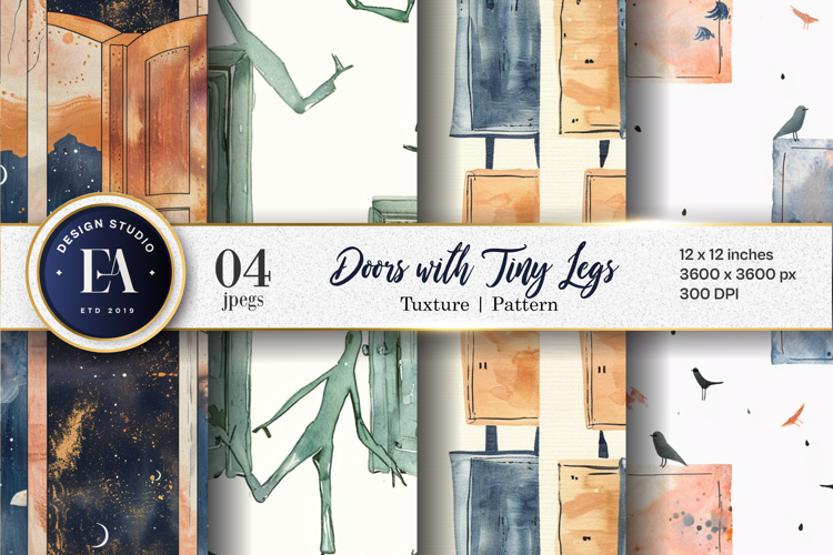Doors with Tiny Legs Surreal Cartoon Seamless Digital Paper