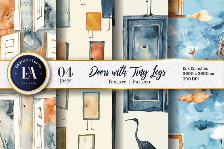 Doors with Tiny Legs Surreal Cartoon Seamless Digital Paper