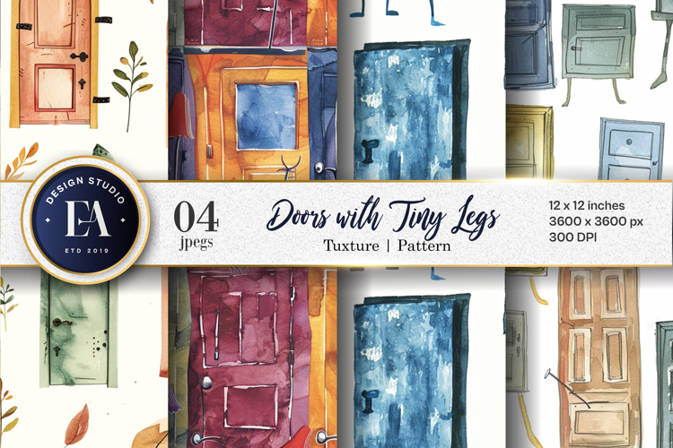 Doors with Tiny Legs Surreal Cartoon Seamless Digital Paper