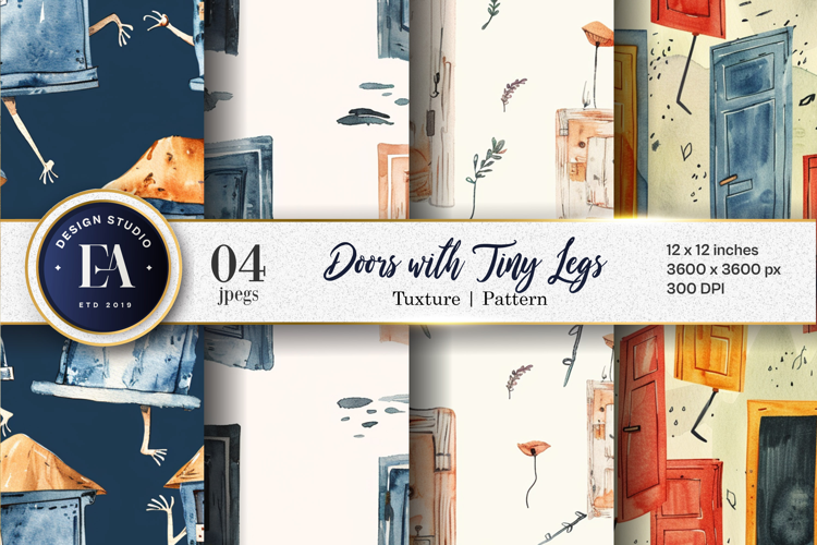 Doors with Tiny Legs Surreal Cartoon Seamless Digital Paper