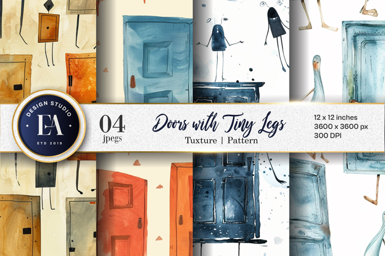 Doors with Tiny Legs Surreal Cartoon Seamless Digital Paper