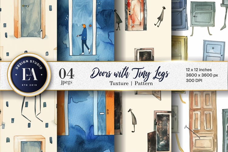 Doors with Tiny Legs Surreal Cartoon Seamless Digital Paper