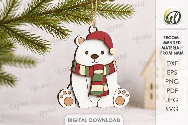 3D Polar Bear Christmas Ornament Laser Cut. Christmas SVG example image 1