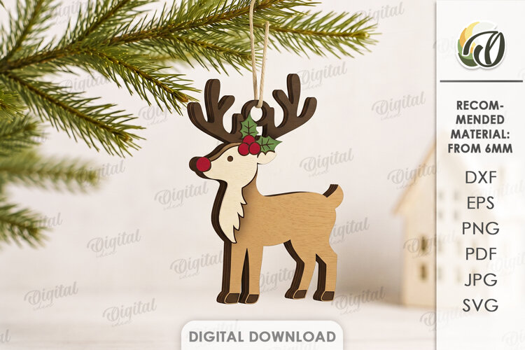 3D Reindeer Christmas Ornament Laser Cut. Christmas SVG example image 1