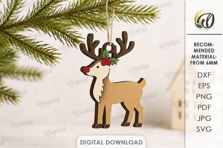 3D Reindeer Christmas Ornament Laser Cut. Christmas SVG
