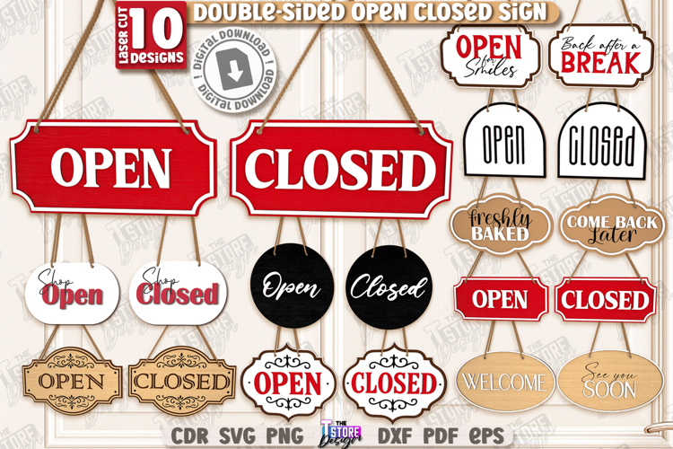Double-Sided Open Closed Signs Laser Cut Bundle|Business SVG