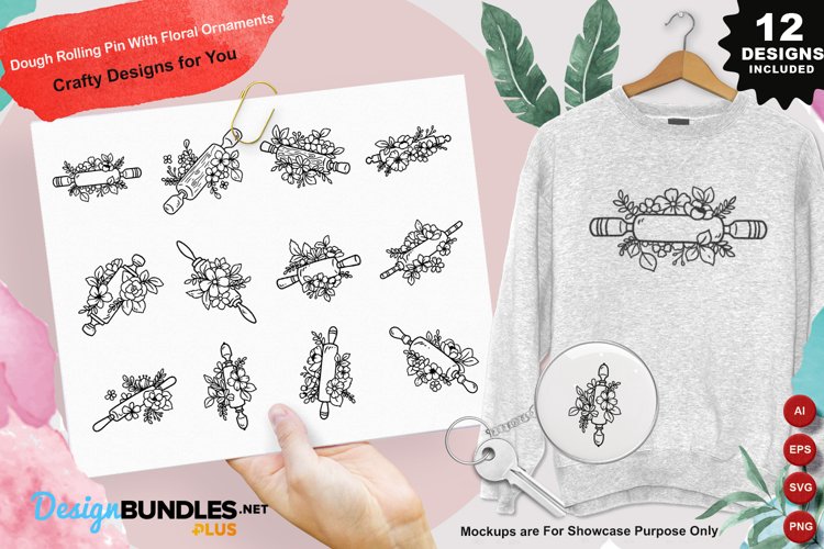 Dough Rolling Pin With Floral Ornaments Clipart Set example image 1