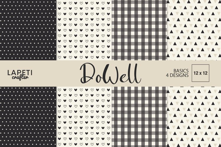 DoWell black and cream digital papers with hearts plaid dots and triangles