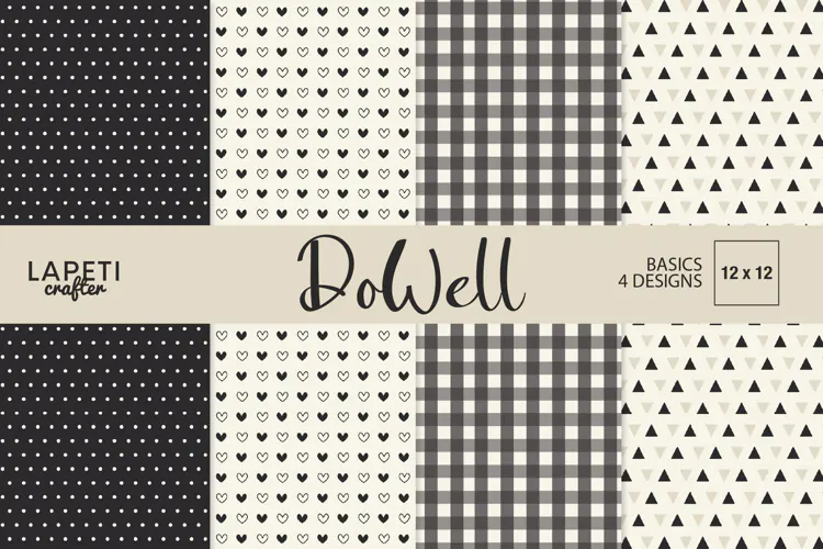 DoWell Black Cream Digital Papers Hearts, Plaid & Dots