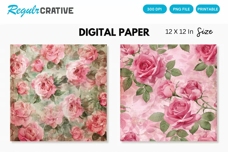 Watercolor Pink Roses Seamless Digital Paper, Roses Pattern