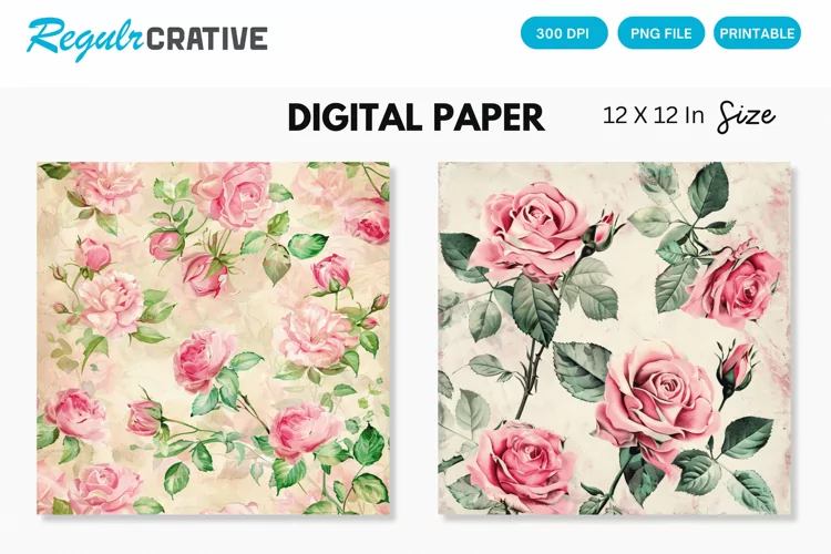 Watercolor Pink Roses Seamless Digital Paper, Roses Pattern