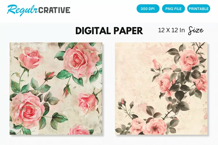 Watercolor Pink Roses Seamless Digital Paper, Roses Pattern