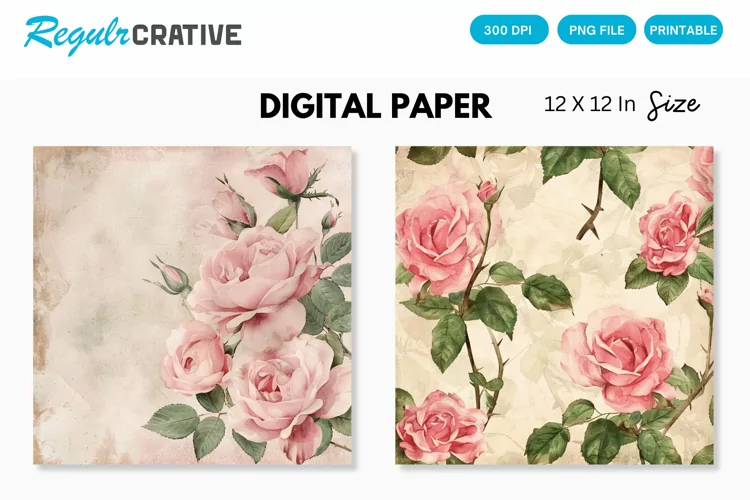 Watercolor Pink Roses Seamless Digital Paper, Roses Pattern