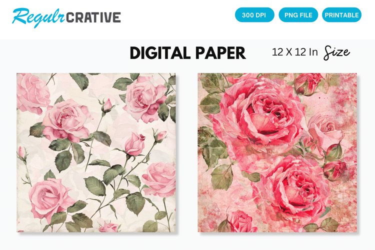 Watercolor Pink Roses Seamless Digital Paper, Roses Pattern