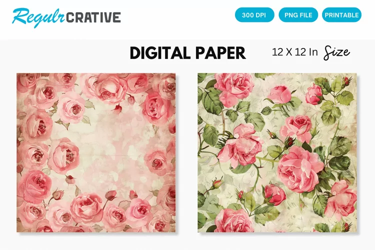 Watercolor Pink Roses Seamless Digital Paper, Roses Pattern