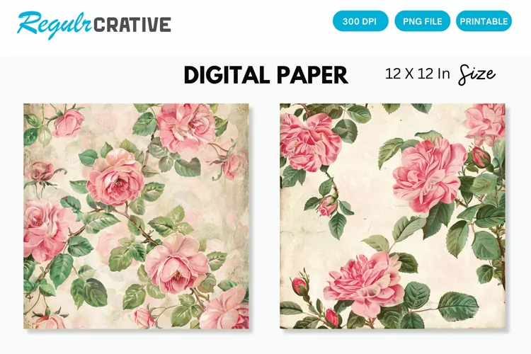 Watercolor Pink Roses Seamless Digital Paper, Roses Pattern