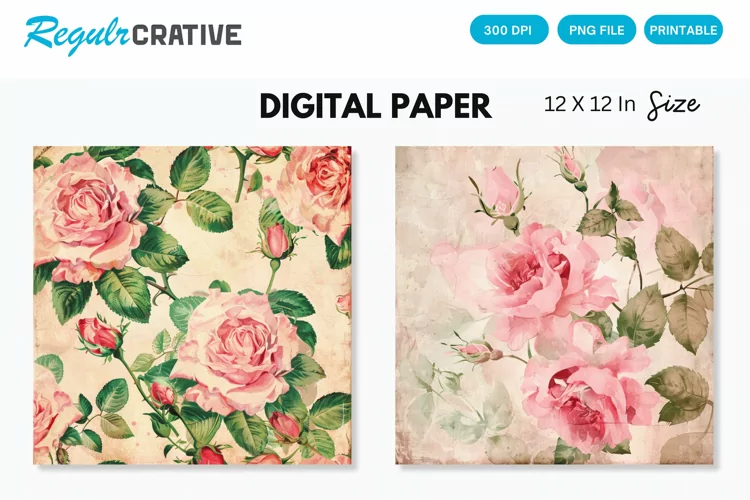 Watercolor Pink Roses Seamless Digital Paper, Roses Pattern
