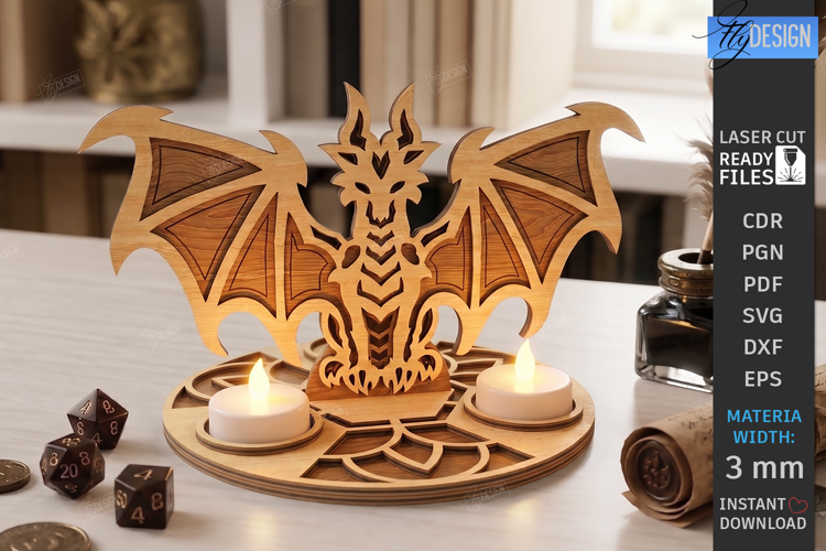 Wooden Dragon Tea Light Candle Holder Laser Cut | 3D Fantasy