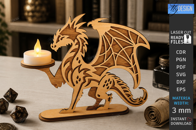Wooden Dragon Tea Light Candle Holder Laser Cut | 3D Fantasy