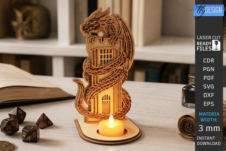 Wooden Dragon Tea Light Candle Holder Laser Cut | 3D Fantasy