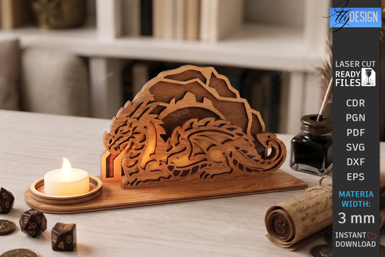 Wooden Dragon Tea Light Candle Holder Laser Cut | 3D Fantasy