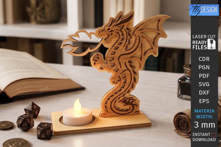 Wooden Dragon Tea Light Candle Holder Laser Cut | 3D Fantasy