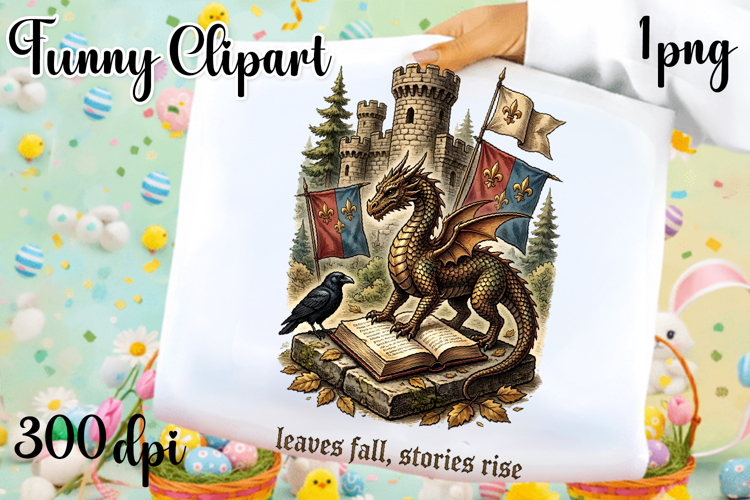 Vintage Fantasy Dragon Sublimation, Autumn Dragon Clipart
