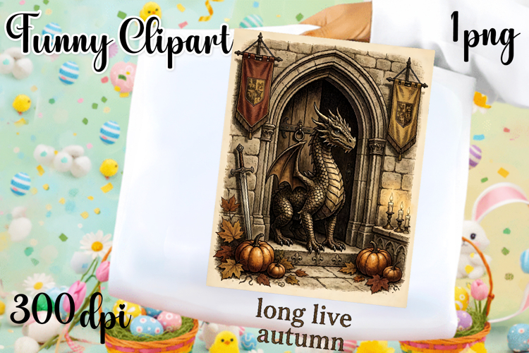 Vintage Fantasy Dragon Sublimation, Autumn Dragon Clipart