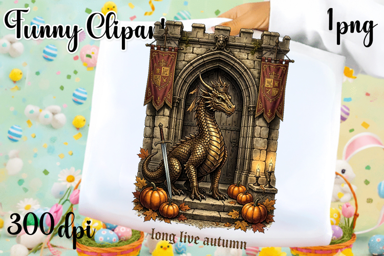 Vintage Fantasy Dragon Sublimation, Autumn Dragon Clipart