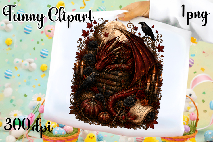 Vintage Fantasy Dragon Sublimation, Autumn Dragon Clipart