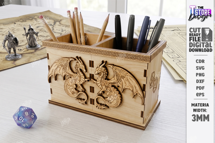 Fantasy Desk Organizer Laser Cut | Pencil Holder | Dragon